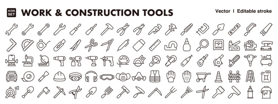 Big set of work and construction tool icon.Vector editable stroke line icon.