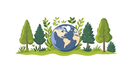A vibrant illustration depicts Earth nestled amongst lush greenery and towering trees, symbolizing environmental preservation