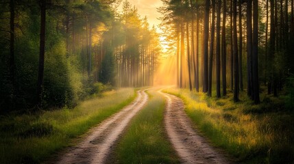 Fototapeta premium Serene Long Path Through Pine Trees at Dawn with Sunlight