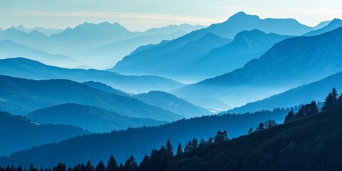 Obraz premium Blue Hues of Mountain Ranges Landscape Photography, layered mountains, panoramic view, serene, Alps Alps, landscape photography