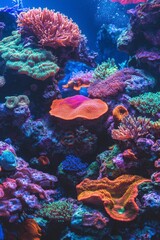 Naklejka premium Vibrant Coral Reef Underwater Scene with Colorful Marine Life