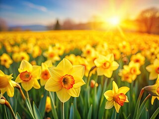 Fototapeta premium Spring Daffodils Tilt-Shift Photography: Blooming Yellow Flowers Macro Shot