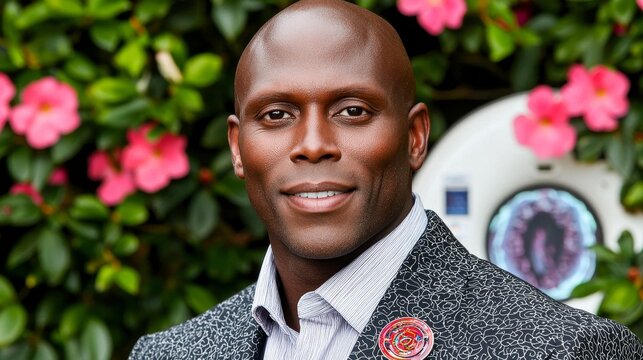 Middle-Aged Black Neurologist Posing Confidently Among Vibrant Flowers and Modern Art