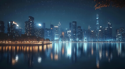 Fototapeta premium Night Cityscape With Water Reflection 3D Illustration