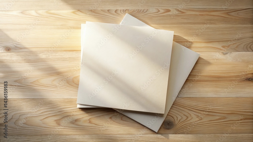 Poster Cream-colored paper sheets rest on a light wood surface, bathed in soft sunlight creating a calming and minimalist scene.
