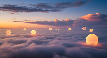 Dreamscape Over Clouds With Luminous Spheres During Golden Hour