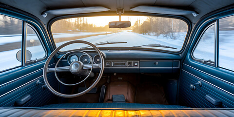 Vintage car interior on a snowy day. Empty road ahead.