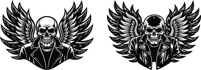 Vector tattoo-style design: flaming skull, leather biker jacket, smoking tires, large angel wings spread wide