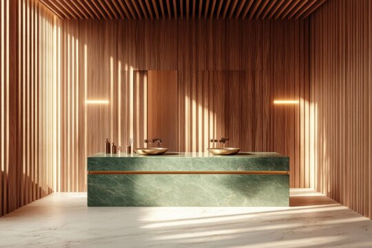 Modern bathroom with double vanity and wooden walls, green marble countertop, and golden accessories. - Powered by Adobe