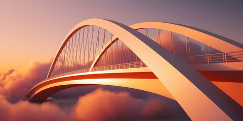 Arch bridge spans a sunset sky, above clouds.