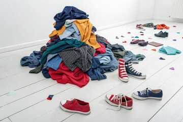 Colorful Pile of Clothes on a Bright White Floor Generative AI