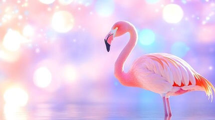 Fototapeta premium A pink flamingo stands in shallow water against a pastel, bokeh-filled background