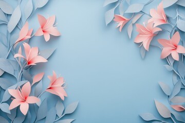 Delicate paper flowers and leaves frame a light blue background.