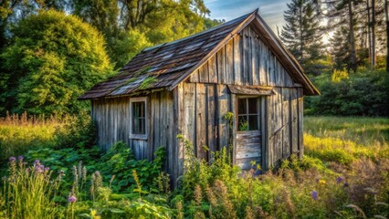 Rustic Wooden Shed Nestled in a Lush Summer Garden, Bathed in the Golden Light of the Setting Sun