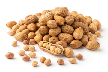 Obraz premium Pile of Raw Peanuts on White Background Showcasing Their Texture Generative AI