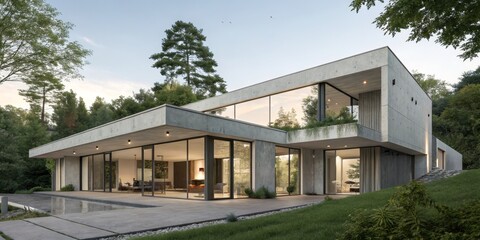 Fototapeta premium Concrete Modern House Architectural Visualization Forest Setting, Glass Facade, Evening Light, 3D Render Architectural Visualization, Modern Architecture, 3D Rendering