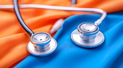 A silver stethoscope rests on vibrant orange and blue fabric