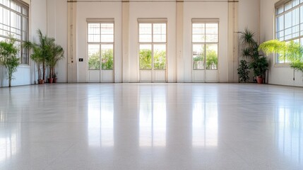 Obraz premium Spacious, empty hall with large windows and plants