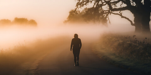 Solitary figure walks a misty road.