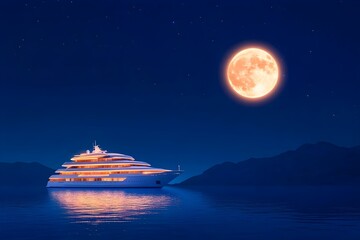 Luxurious yacht at sea under a full moon, mountains in the background