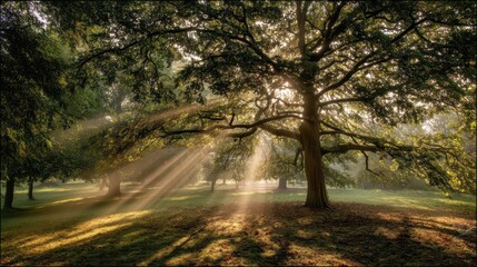 Obraz premium Sunbeams Piercing Through Forest Trees Creating Dappled Light Patterns in Natural Setting.