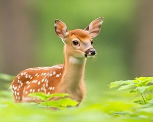 Fototapeta premium A young fawn with white spots stands in lush green foliage, gazing attentively