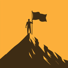 Man holding flag on top of the mountain vector background. Achievement, success concept illustration.