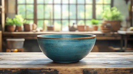 A beautiful teal ceramic bowl rests on a wooden table, creating a serene rustic scene with natural light.