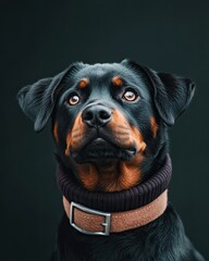 Obraz premium A close-up portrait of a Rottweiler, showcasing its expressive eyes and robust features on a dark background.