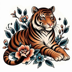 Obraz premium Stylized Tiger Illustration with Floral Accents in Traditional Tattoo Style