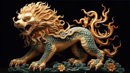 Majestic Guardian Lion Statue with Fiery Mane and Intricate Details