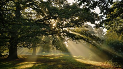 Obraz premium Sunlight streaming through large tree branches, casting beams on grass with fallen leaves. Serene natural scene.