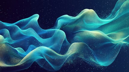 Abstract image of glowing green waves and tiny white stars against a dark blue background ,abstract blue background with smooth lines in it