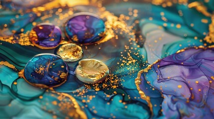 Abstract Fluid Art with Colorful Patterns and Gold Accents
