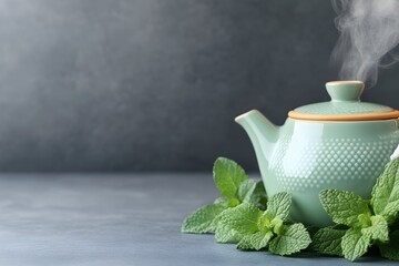 Steaming teapot with fresh mint leaves on a dark surface