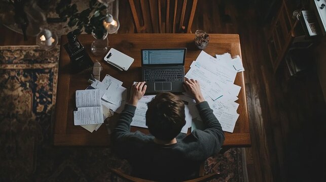 A remote worker sitting at a dining table, surrounded by paperwork and notes, focused on their laptop.