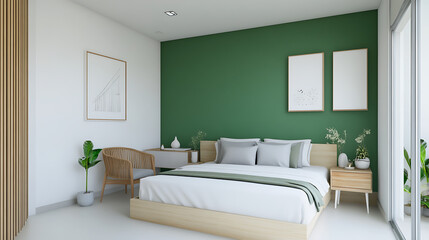 Modern bedroom with green accent wall and minimalist decor. 3D Rendering