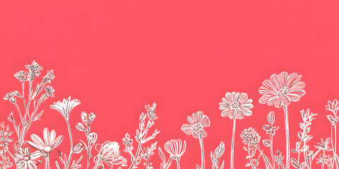 Obraz premium Playful Mother's Day card featuring hand-drawn doodles of flowers in the lower left, with a bright pink empty space above and to the right. 