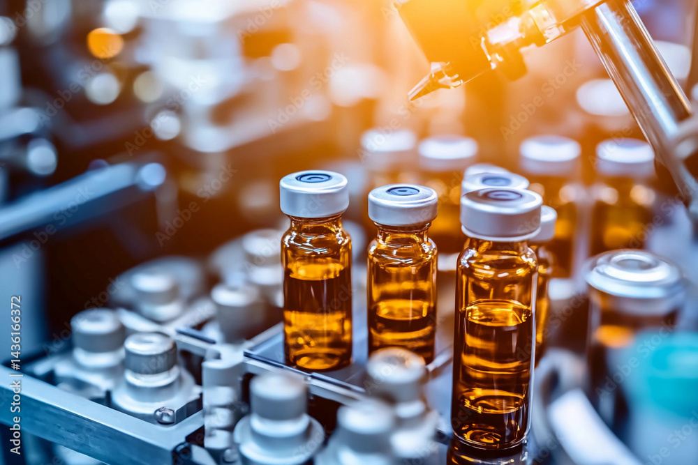 Poster Medical vials under production in a laboratory setting Generative AI