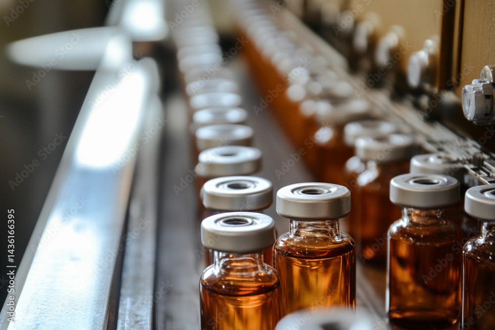 Poster Close-up view of multiple medical vials on a production line Generative AI