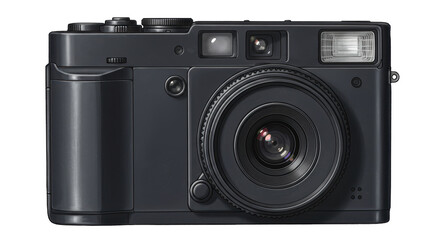 Isolated Black Digital Camera with Lens and Flash
