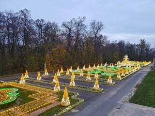 Panoramic photo of  the winter illumination in the garden of the Wilanów Palace in Warsaw