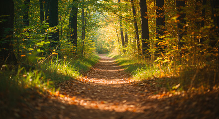 Autumnal Pathway Beckons Serenity Through Sun Dappled Forest Scenery