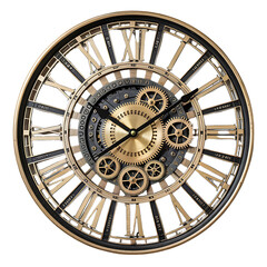 Large gold Roman numeral clock with visible gears.
