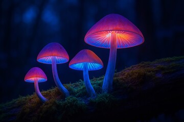 Fototapeta premium Vibrant glowing mushrooms illuminate a dark forest scene with vivid blue and pink hues, creating an enchanting, otherworldly atmosphere at night.
