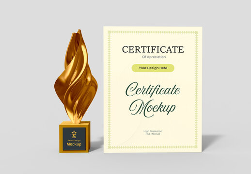 Certificate with Trophy Mockup