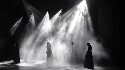 Silhouetted dancers perform on stage, spotlight dramatic effect, smoky atmosphere, theatrical production