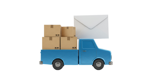Isolated Delivery Truck Carrying Boxes and a Letter
