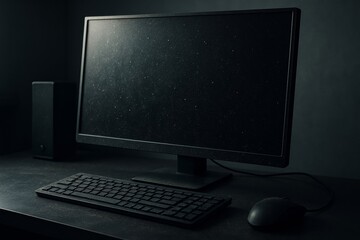 Fototapeta premium Old dusty computer monitor and keyboard in a dark room.