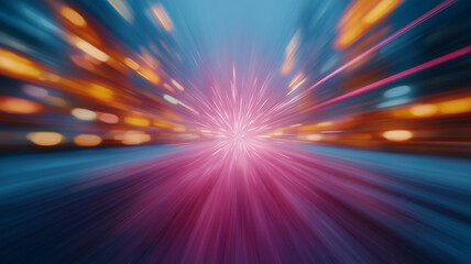 Light speed motion blur with colorful streaks and glowing center, creating dynamic and energetic abstract background with vibrant orange, pink, and blue tones